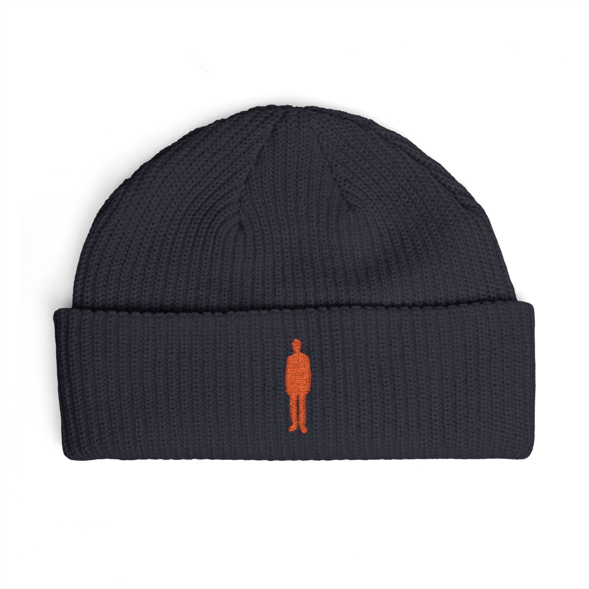 Embroidered Silhouette Cuff Beanie — Minimalist Figure Knit Hat