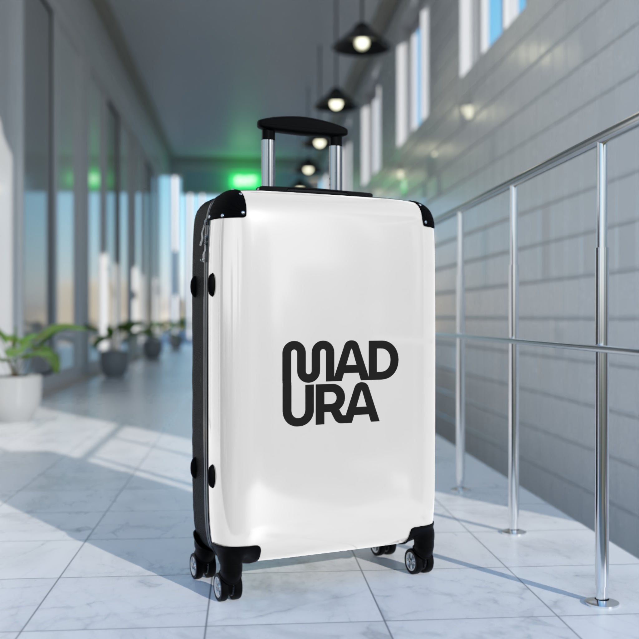Bold Typographic Suitcase - Modern Black & White Travel Luggage with 'MADURA' Design