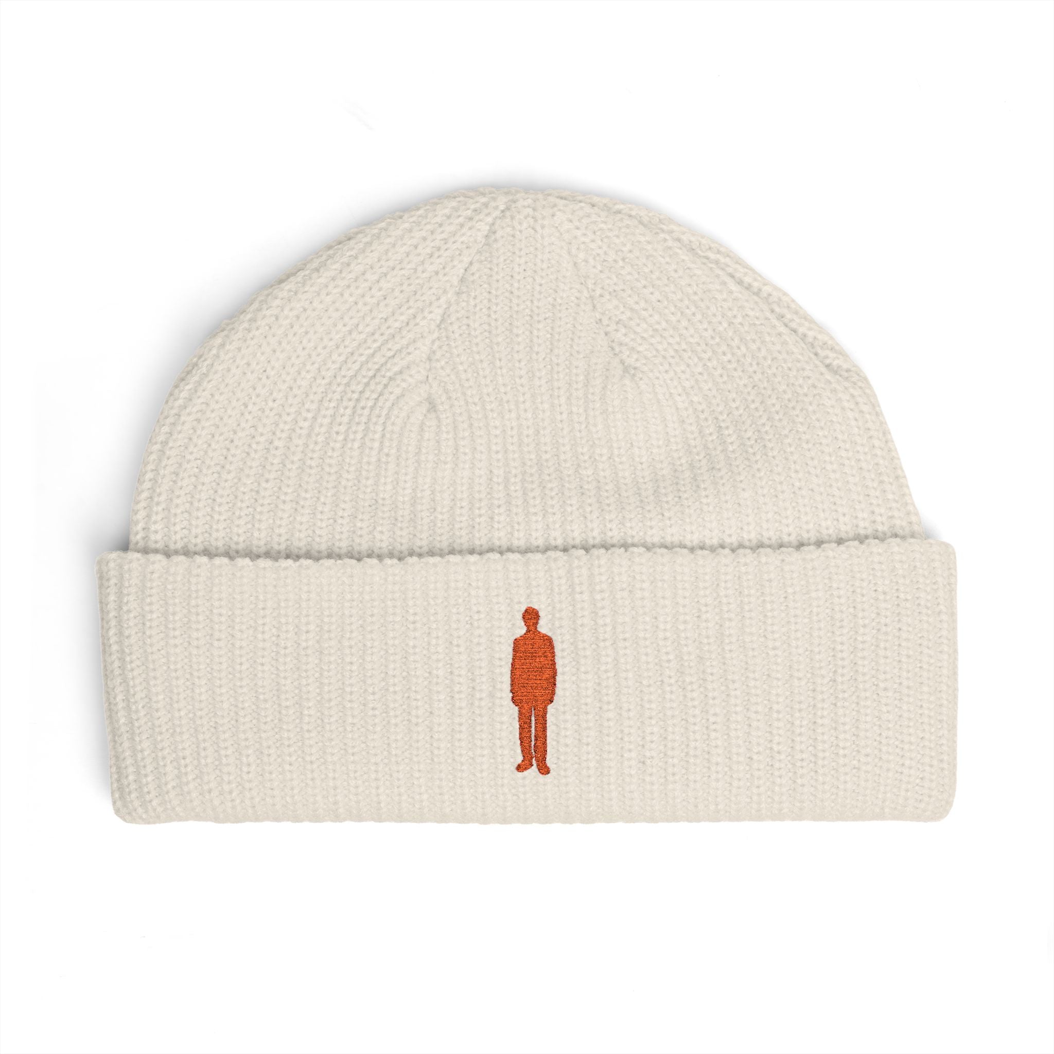 Embroidered Silhouette Cuff Beanie — Minimalist Figure Knit Hat