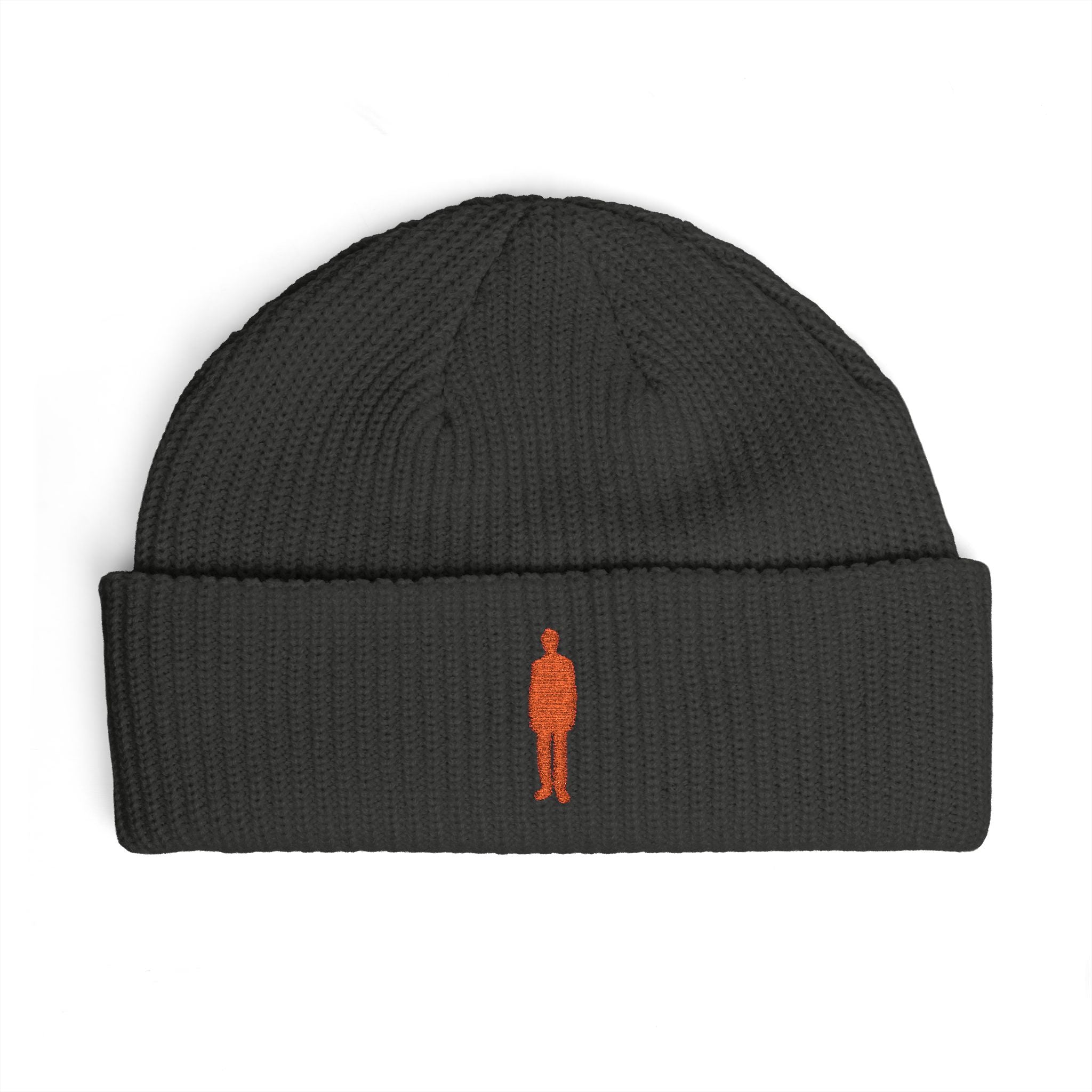 Embroidered Silhouette Cuff Beanie — Minimalist Figure Knit Hat