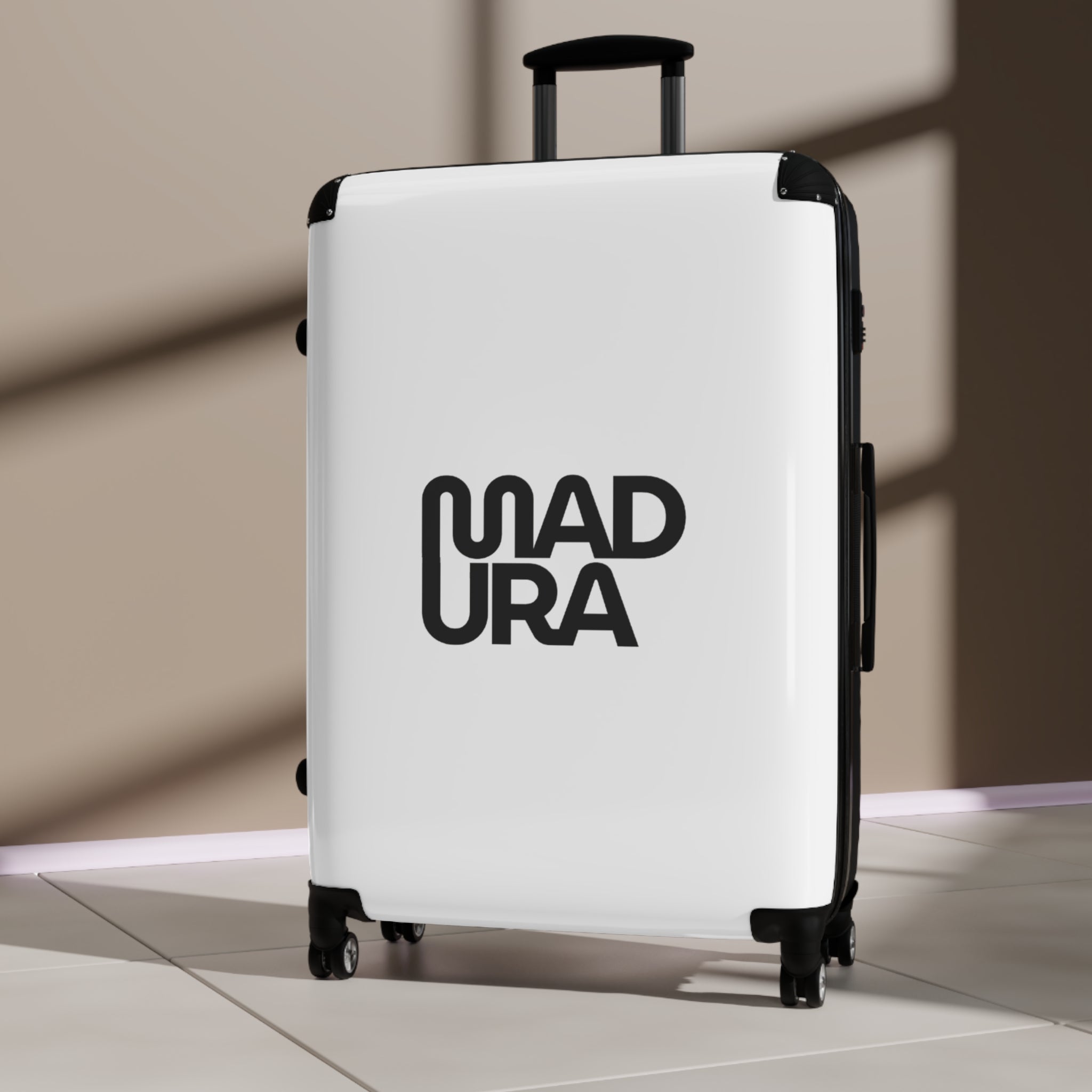 Bold Typographic Suitcase - Modern Black & White Travel Luggage with 'MADURA' Design