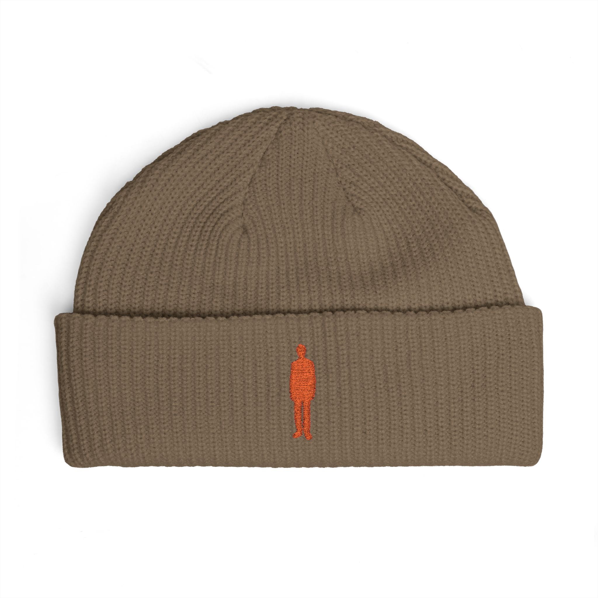 Embroidered Silhouette Cuff Beanie — Minimalist Figure Knit Hat