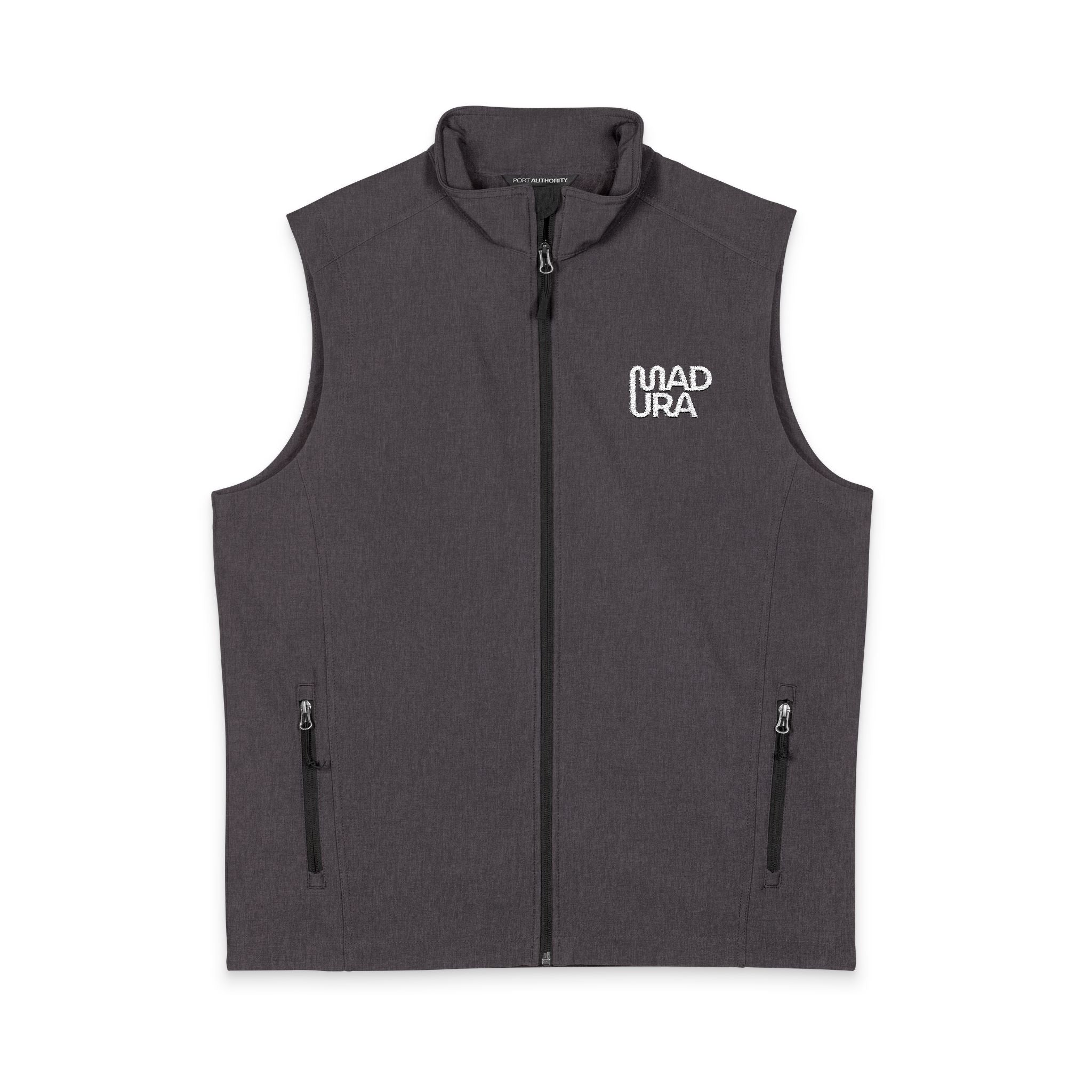 Men's Soft Shell Vest — Minimal 'Dad Vibe' Chest Logo, Water-Resistant Outdoor Layer