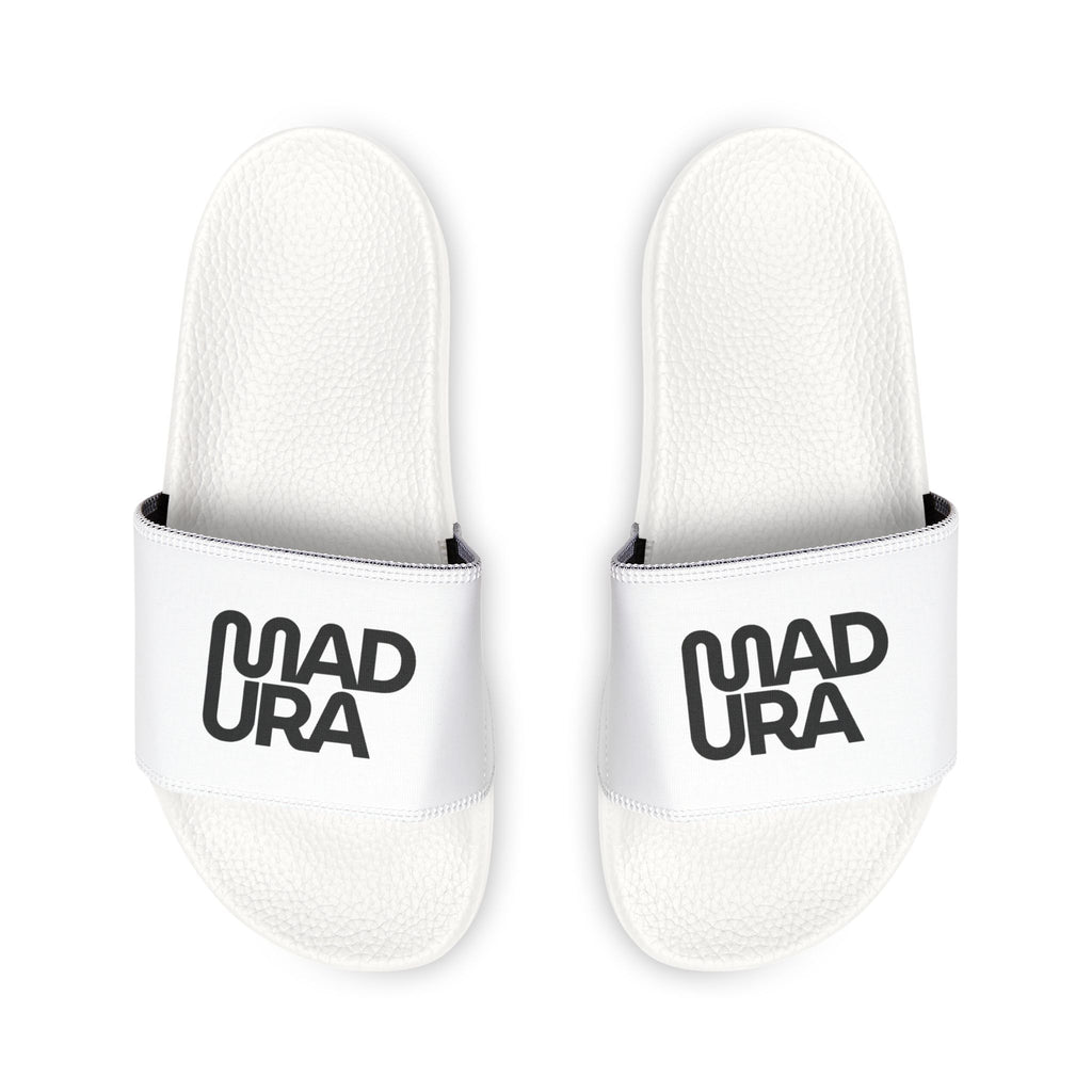 Youth Slide Sandals — White Removable-Strap Slides with 'MADURA' Logo